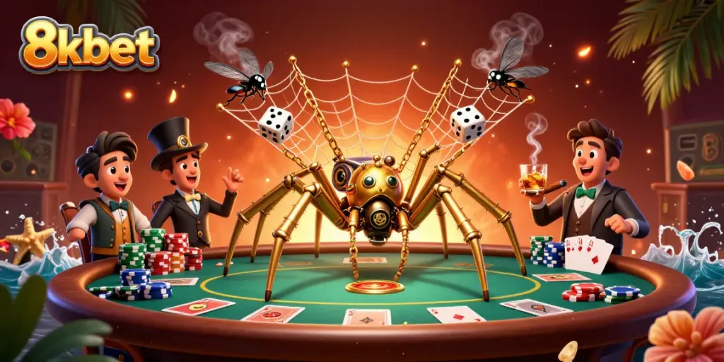 Experience thrilling action with 8xbet as a golden spider captures dice amidst a poker scene.