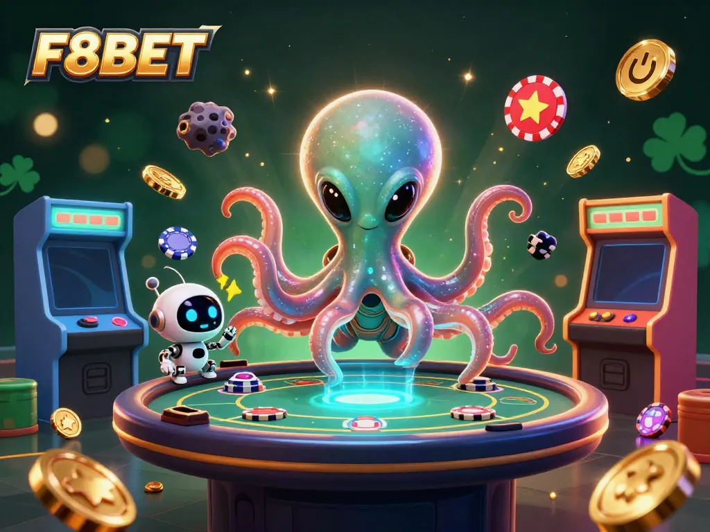 Engage in immersive gameplay at F8BET with a futuristic alien octopus dealing poker surrounded by arcade elements.