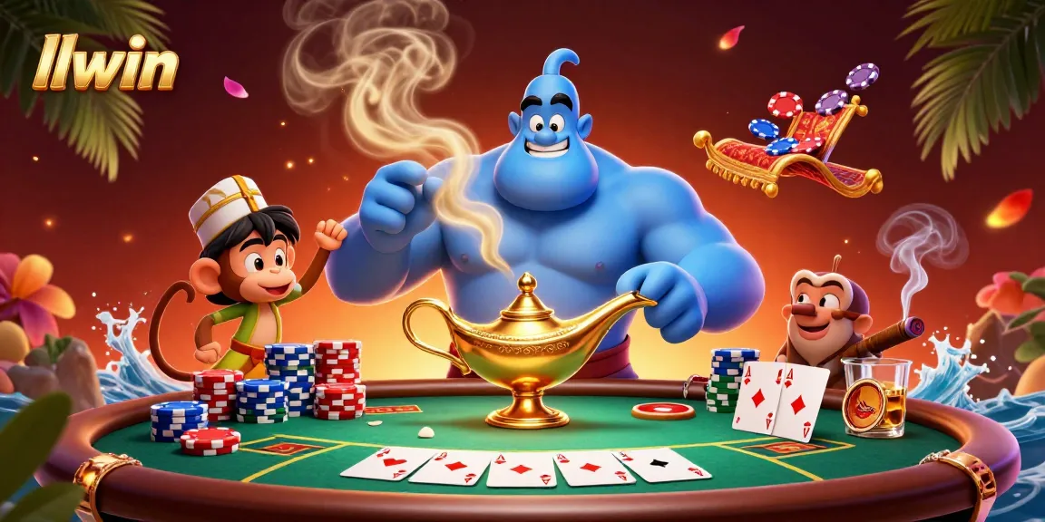 Engage in gaming excitement at llwin with lively characters, poker elements, and vibrant casino atmosphere.