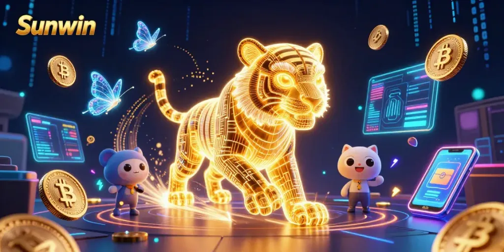 Engage with Sunwin's vibrant digital casino featuring a golden tiger and glowing crypto elements.