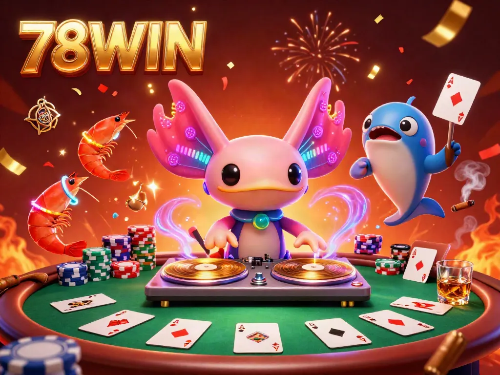 Engage with the vibrant 78WIN casino scene featuring a neon axolotl DJ and colorful poker elements.
