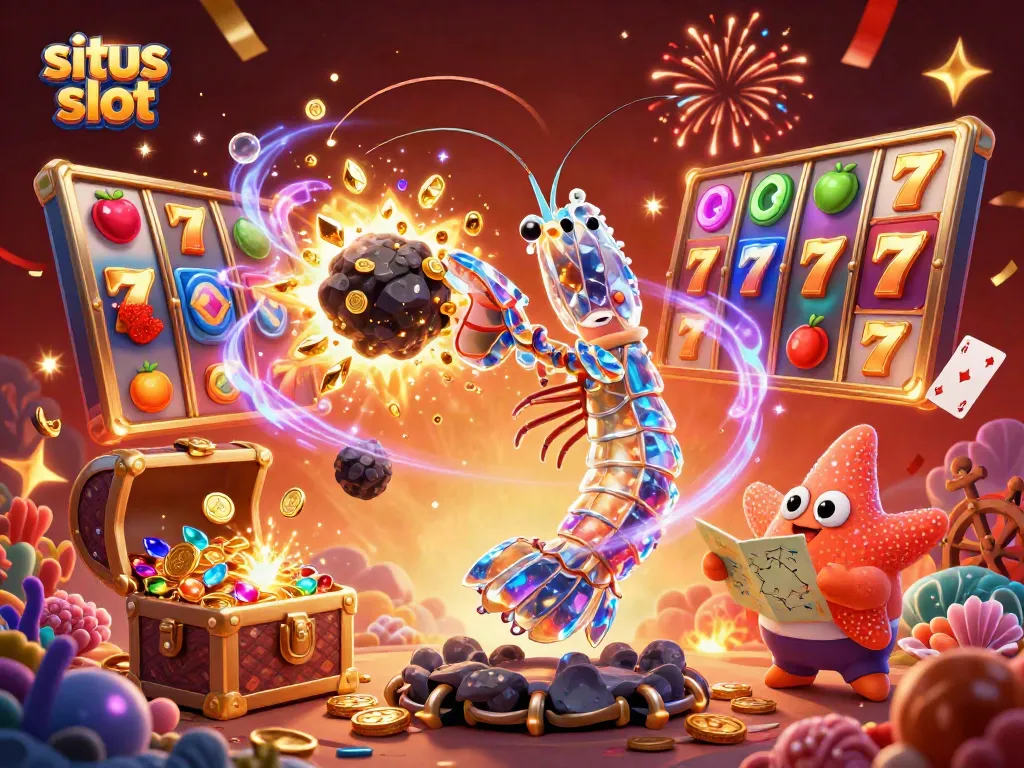 Situs slot scene features a galactic samurai shrimp amidst slot reels and winning symbols.