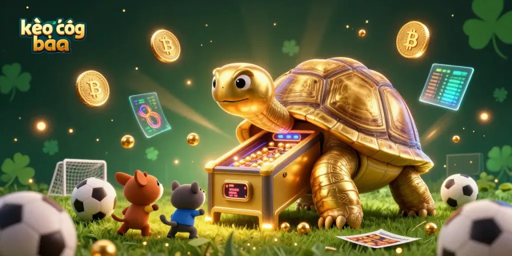 Kèo bóng đá results illustrated with a bold tortoise pinball machine and vibrant sports objects.