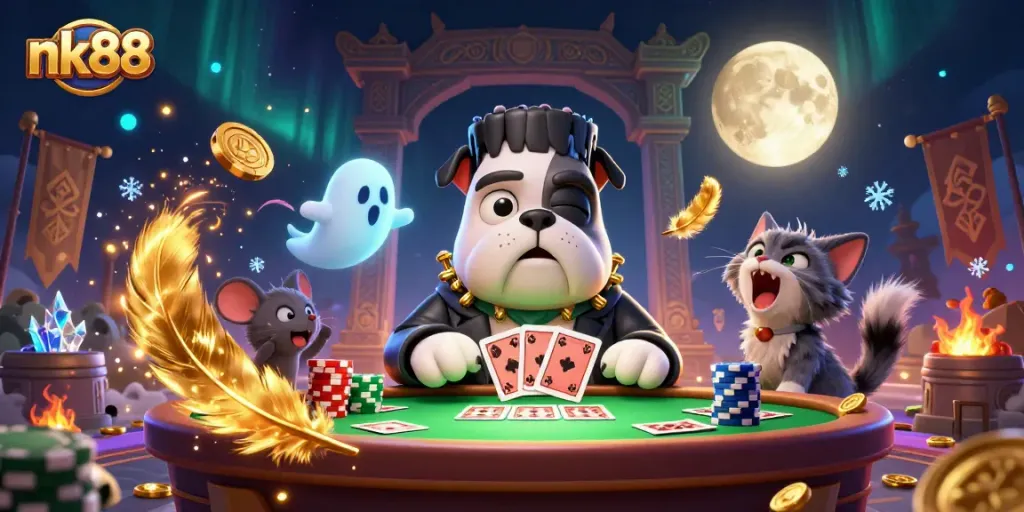 Experience exhilarating gameplay of nk88 as the cartoon bulldog deals cards amid casino excitement.