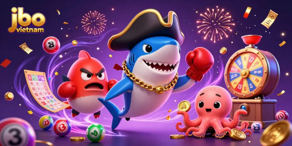 Engage with jbo vietnam in a dynamic cartoon scene featuring a shark, pufferfish, and octopus around casino elements.