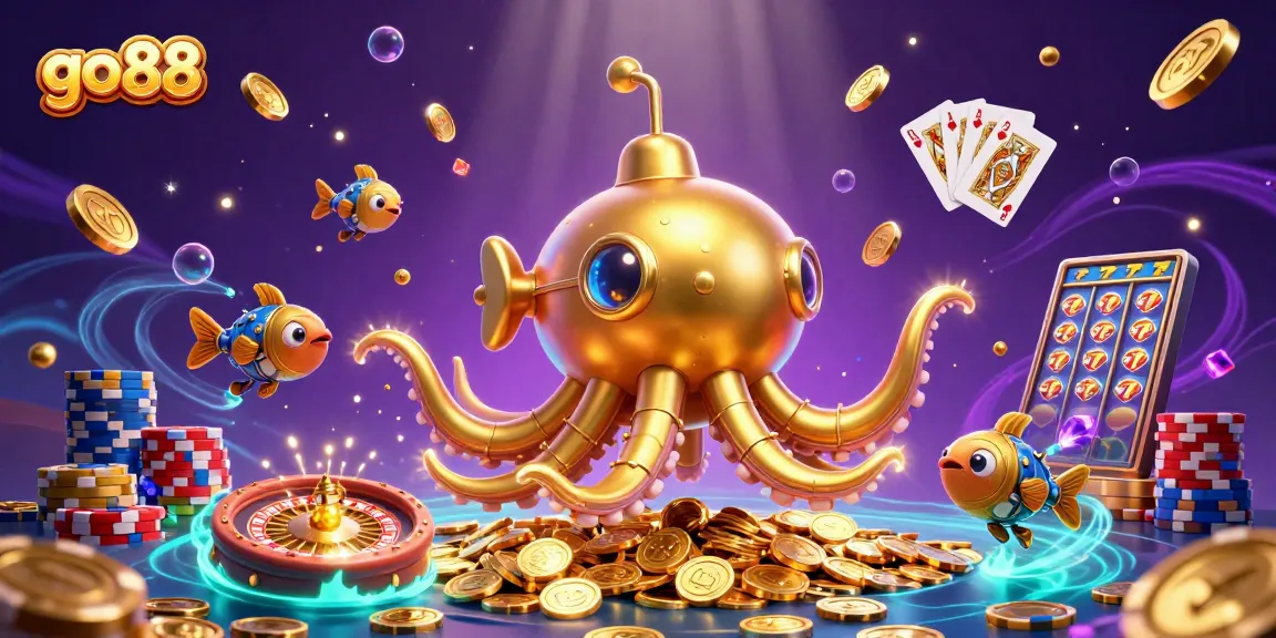 Experience the thrill of go 88 with a golden kraken emerging from coins, creating jackpot moments.