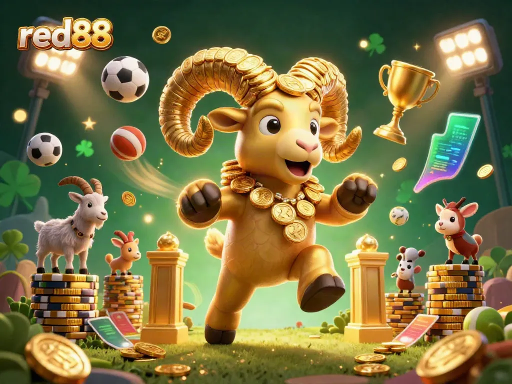 Experience the thrill of red88 with a golden ram charging through a dynamic casino scene filled with sports elements.
