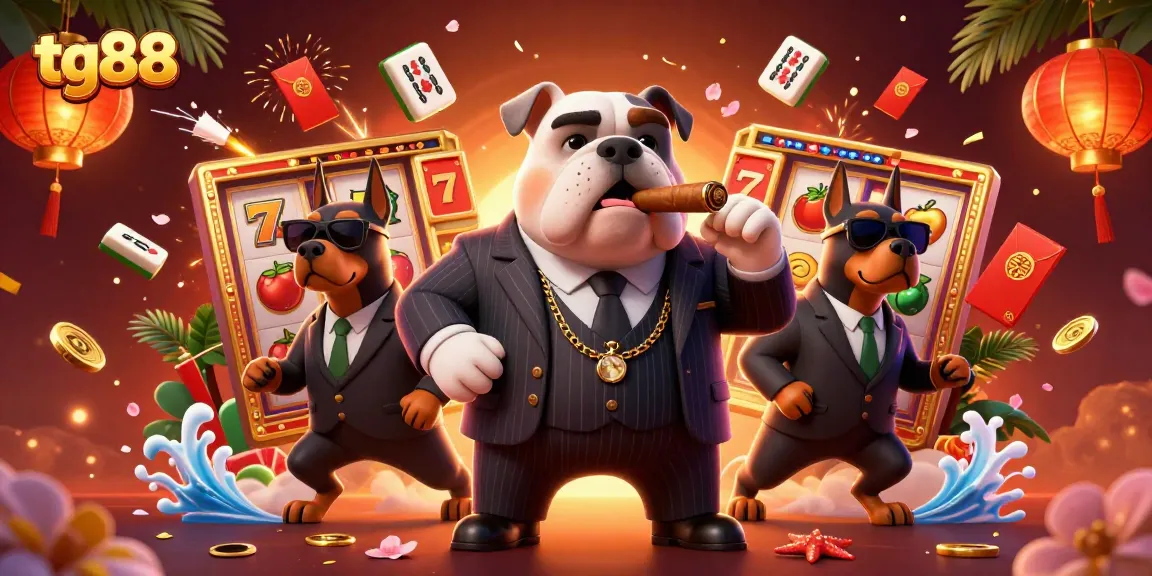 Play exciting slots with tg88 and the mafia boss surrounded by colorful casino elements.