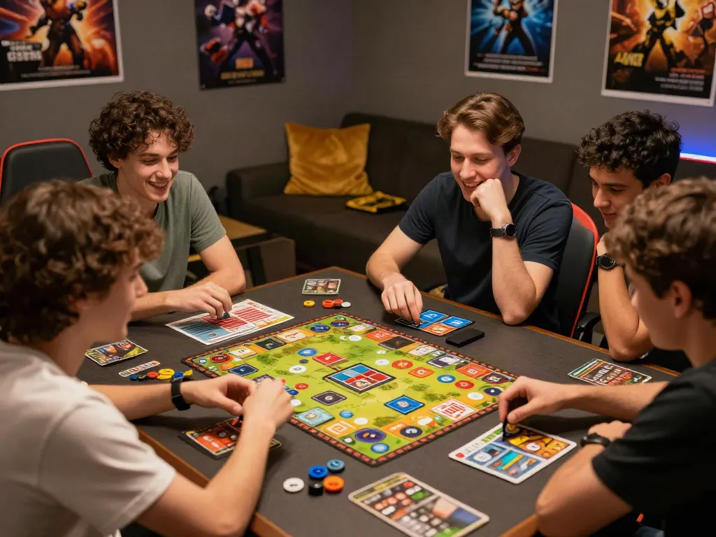 Group of friends enjoying a card game at http://11bet-app.net/ gaming night with vibrant game pieces.