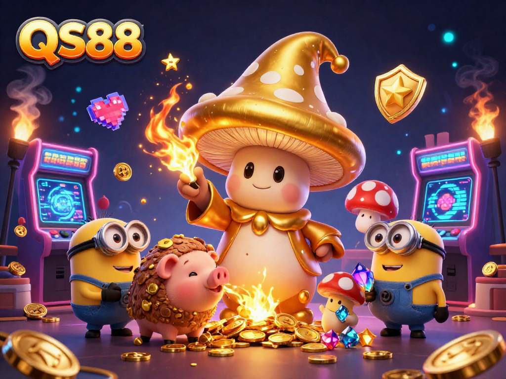 Spin and win at QS88 with the magical mushroom wizard and treasure-searching pig in a vibrant casino scene.