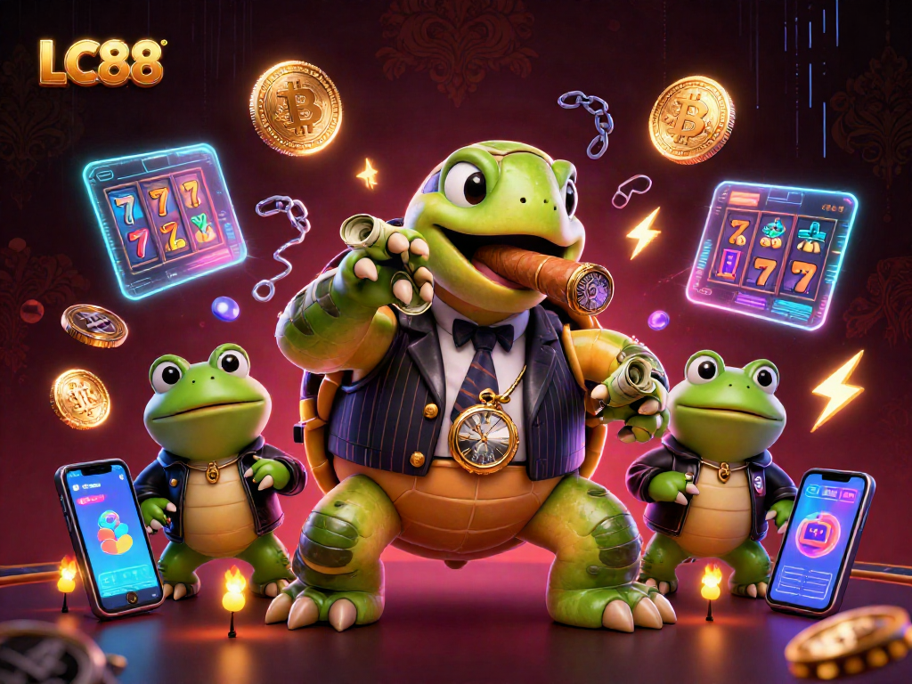 LC88 showcases a lively casino scene with a cartoon turtle, bullfrog enforcers, and dynamic slot elements.