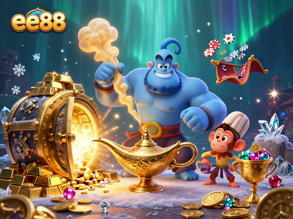 Experience thrilling luck at ee88 with a vibrant scene of a genie and treasures in a magical casino setting.