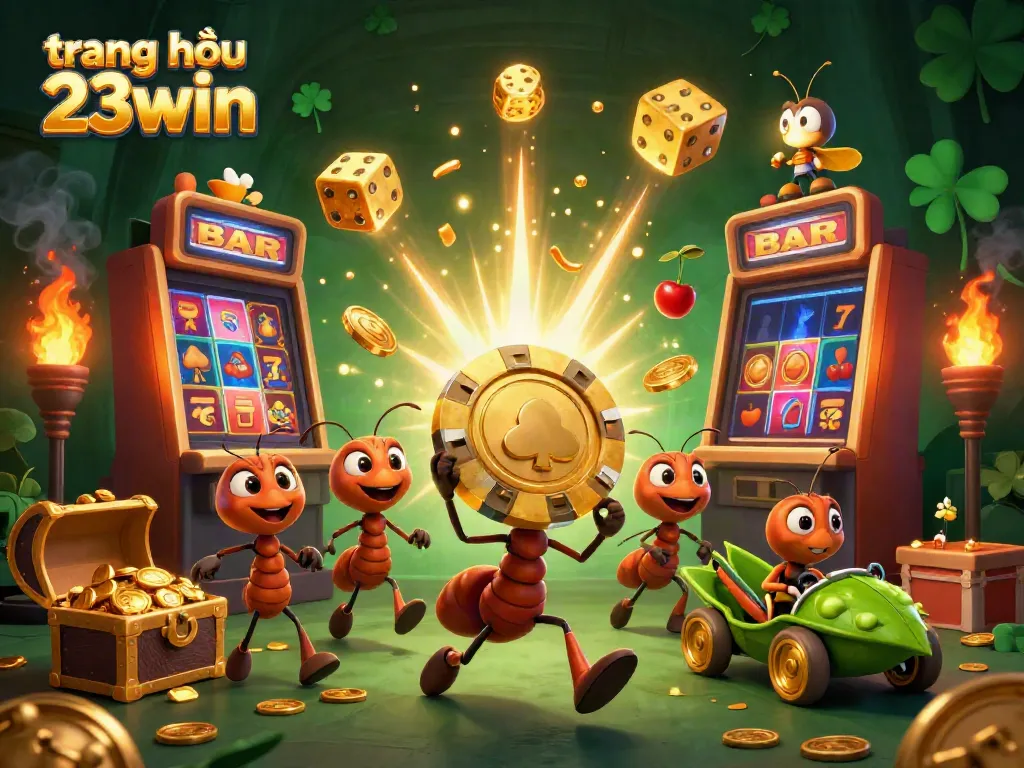Experience the excitement at trang chủ 23win with ants on a heist, colorful casino elements bursting around them.