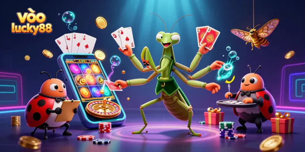 Engage with lucky88 as the giant praying mantis showcases thrilling casino games amidst vibrant digital elements.