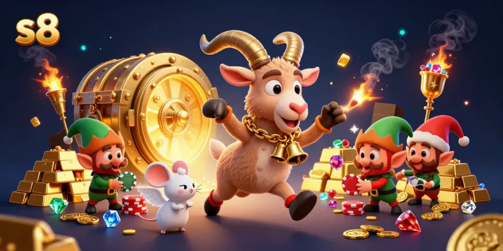 Experience thrilling casino action with S8, featuring a whimsical Krampus goat and mischievous elves.