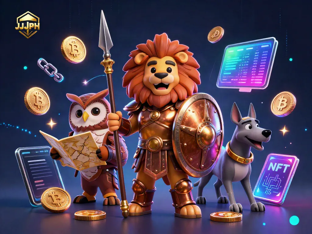 Experience thrilling JJJPH adventures with vibrant 3D cartoon characters and crypto elements all around.