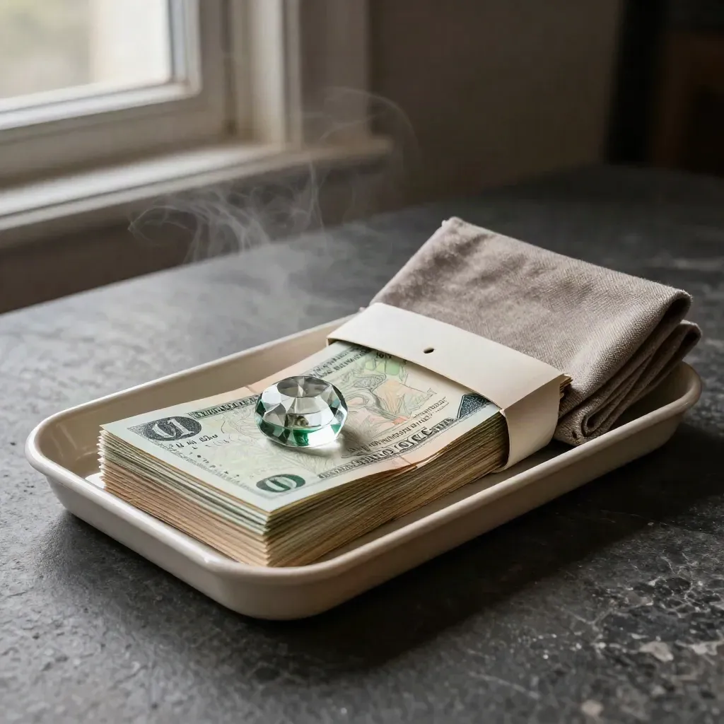 Market notes set in a cream tray with cloth and paperweight on dark stone, lit dramatically.