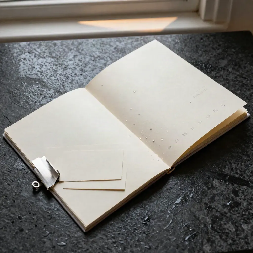 Cream earnings booklet on wet black stone with blank cards, metal clip, and water droplets.