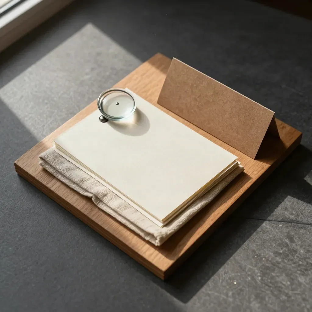 Overhead dividend watchlist flatlay with glass weight, blank slips and linen on oak.