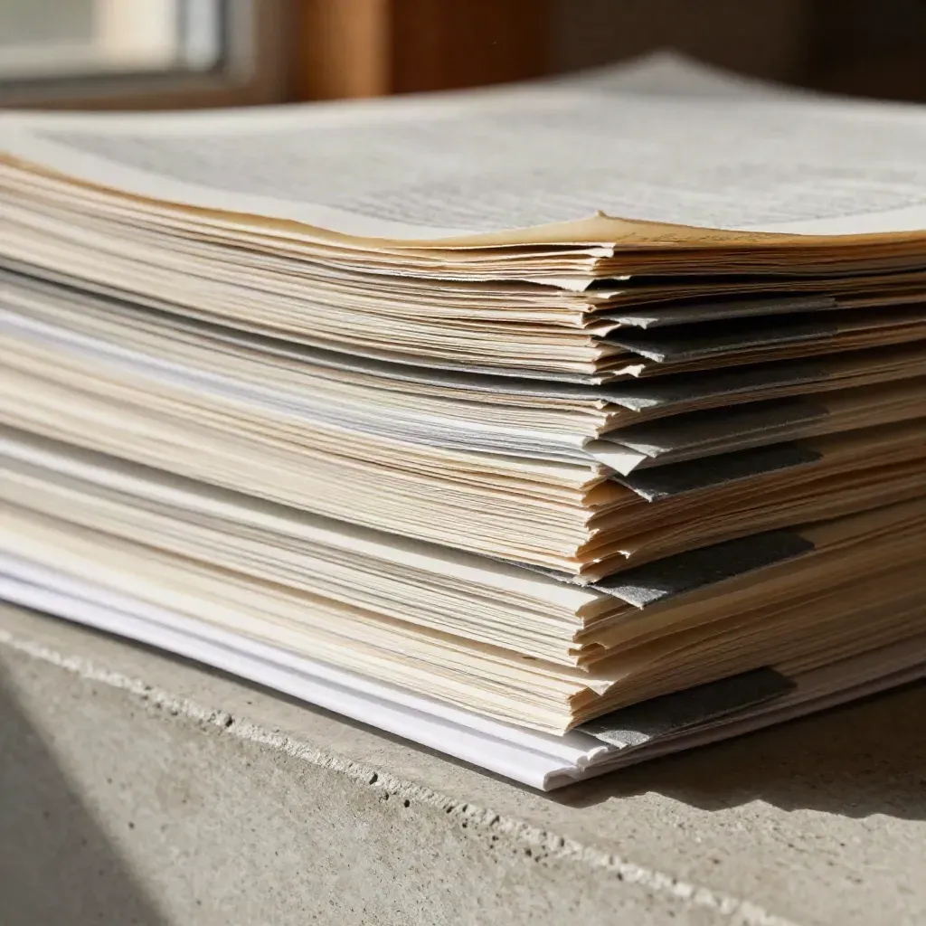 Macro of a small-cap report stack with slate tabs on pale concrete, papers fluttering in wind.