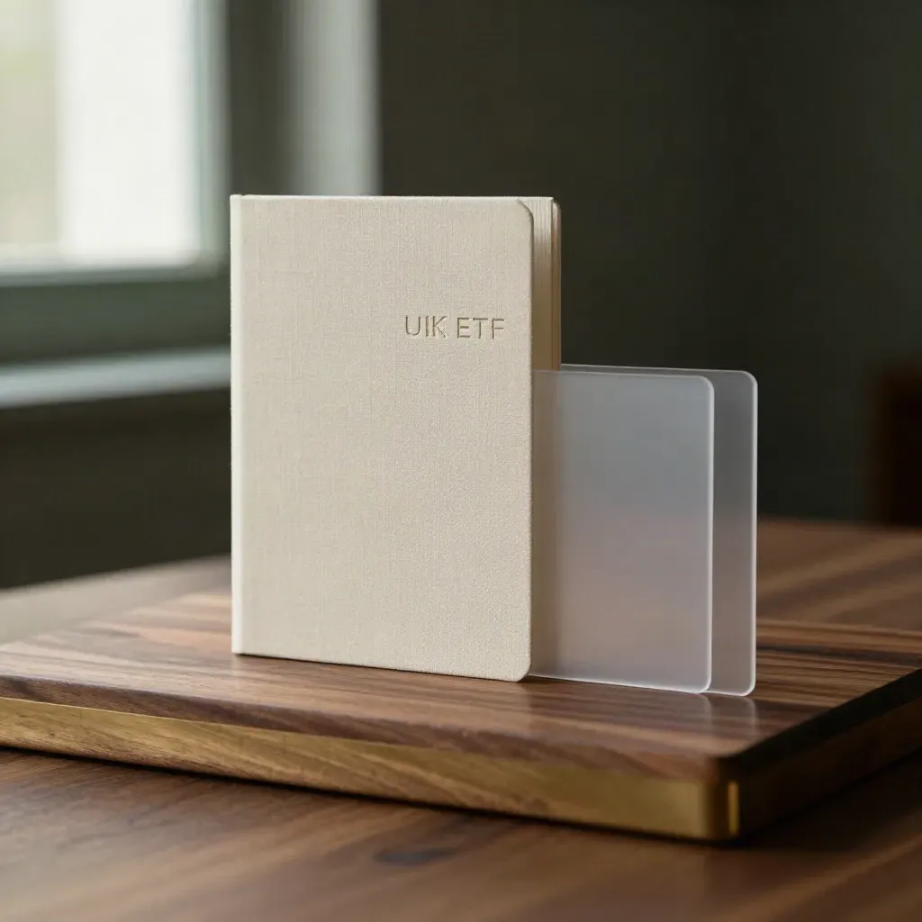 Unbranded ETF cheat sheet pack with frosted dividers on smoked walnut, emerald glow.