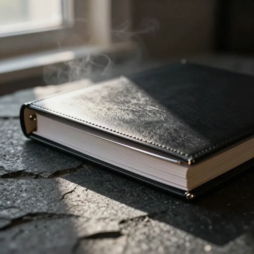 Bank results binder on dark basalt with clipped note cards in dramatic silver light.