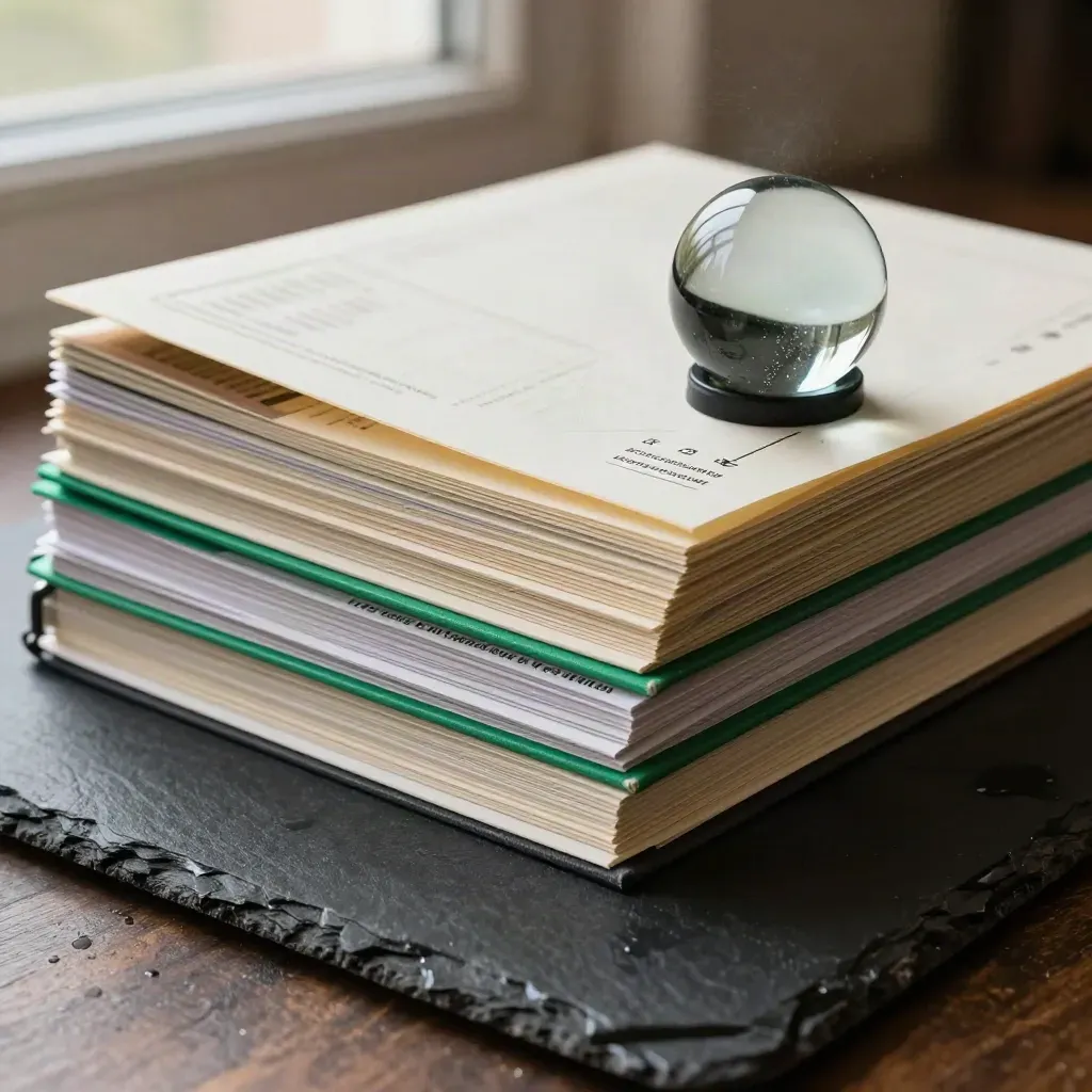 Emerald-edged market notes bundle on wet slate with a dark glass paperweight in dramatic side light.