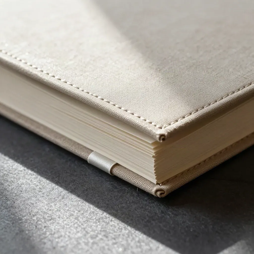 Macro of a linen-spined dividend calendar binder with blank tabs and a slipping pale ribbon on dark felt.