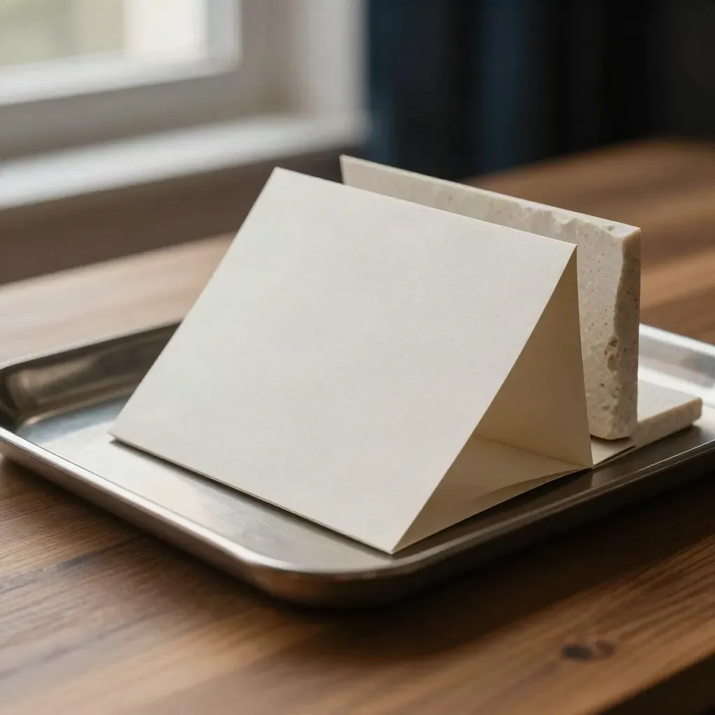Unbranded London IPO list pack beside a steel tray, folded card and limestone sample in window light