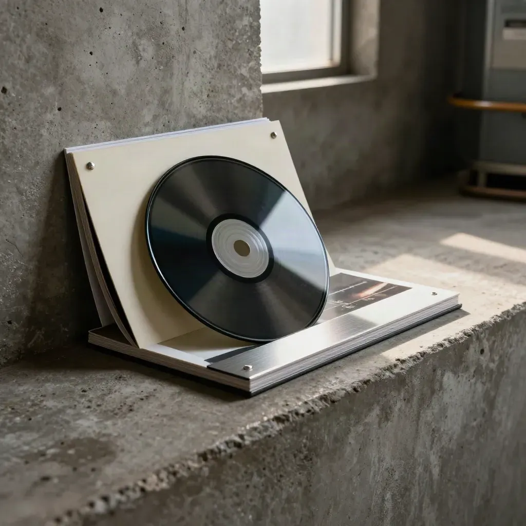 Dark finance brief with black glass disc and brushed metal on concrete