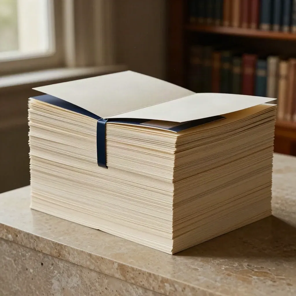 Stacked unbranded banking folders on a limestone plinth, open top folder, navy band