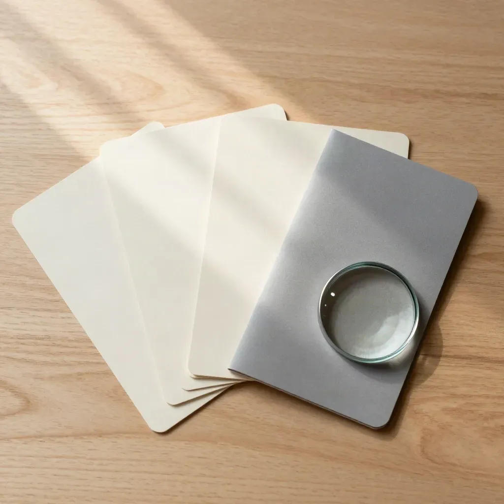 Overhead flatlay of fanned blank cards, a sleeve and glass weight on pale wood.