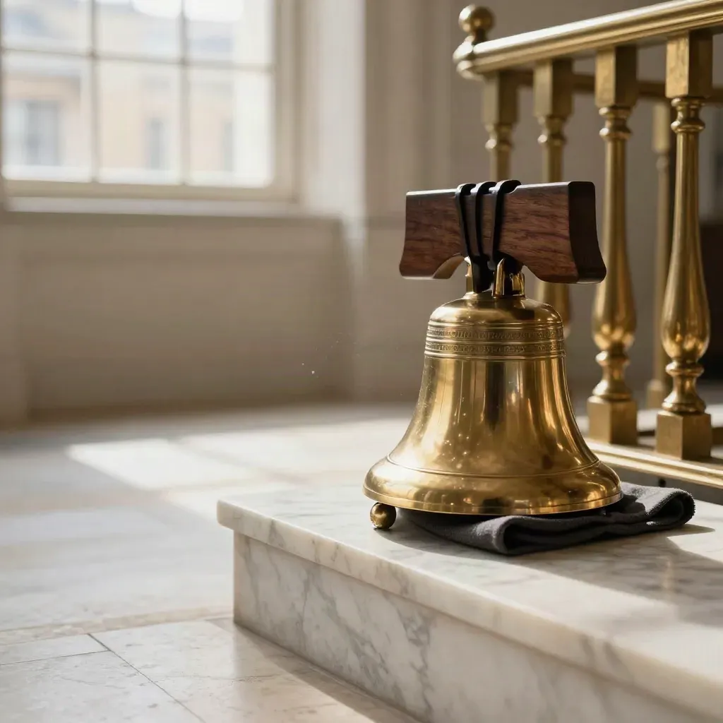 Brass exchange bell on a marble ledge in a sunlit gallery interior