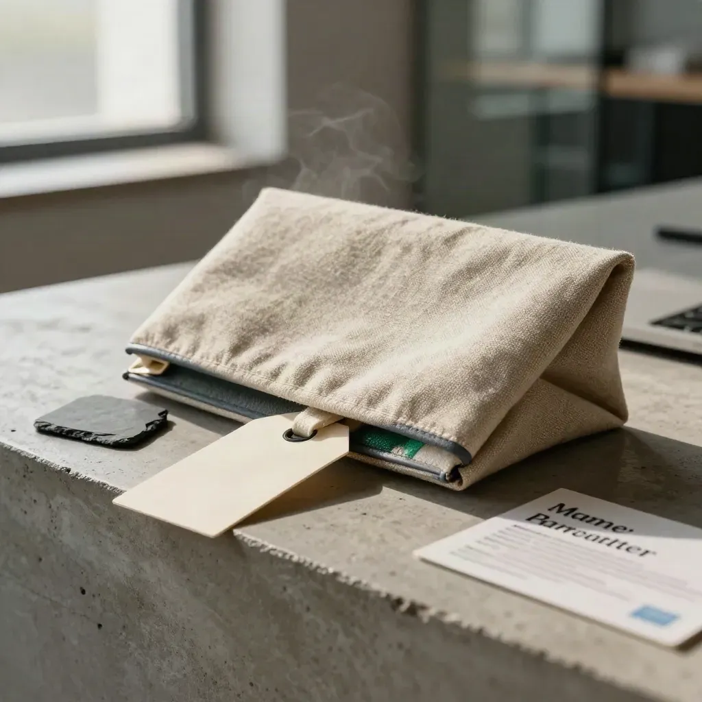 Linen sleeve with a small-cap radar pack, slate chip and blank tag on a concrete ledge