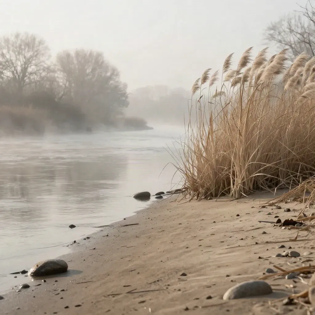 Misty riverside reeds and high treeline above calm water, serene ETF guides background