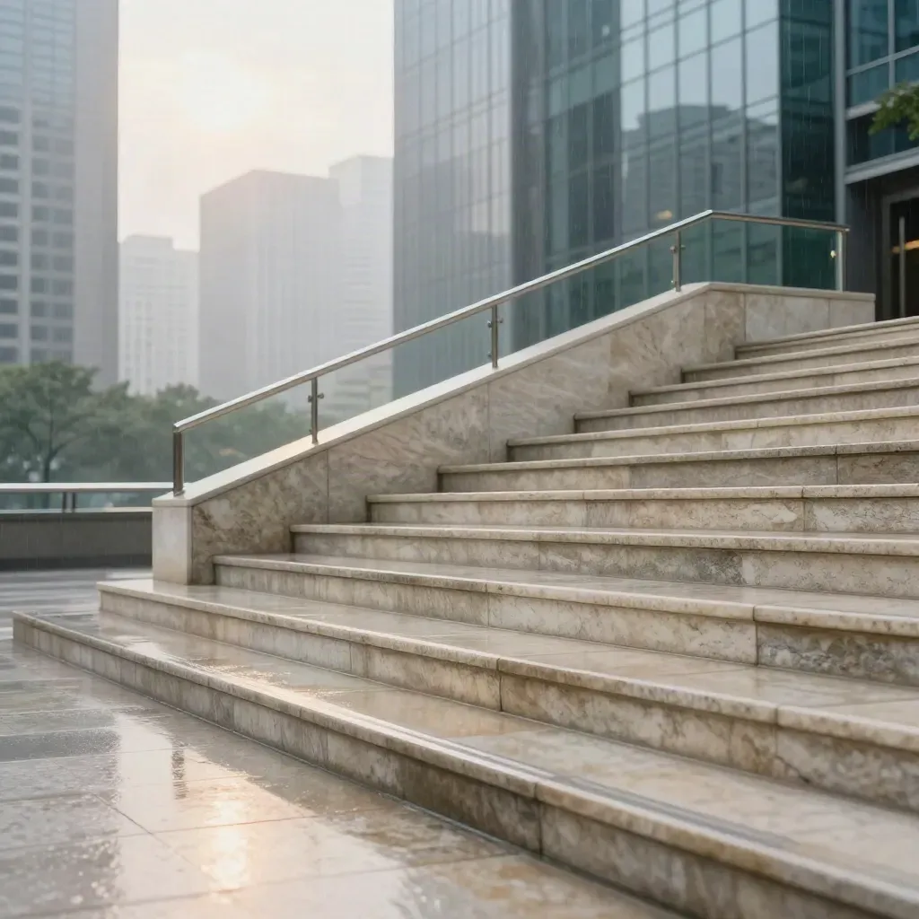 Stone stair landing with rain-bright skyline and open misty space for headline copy.