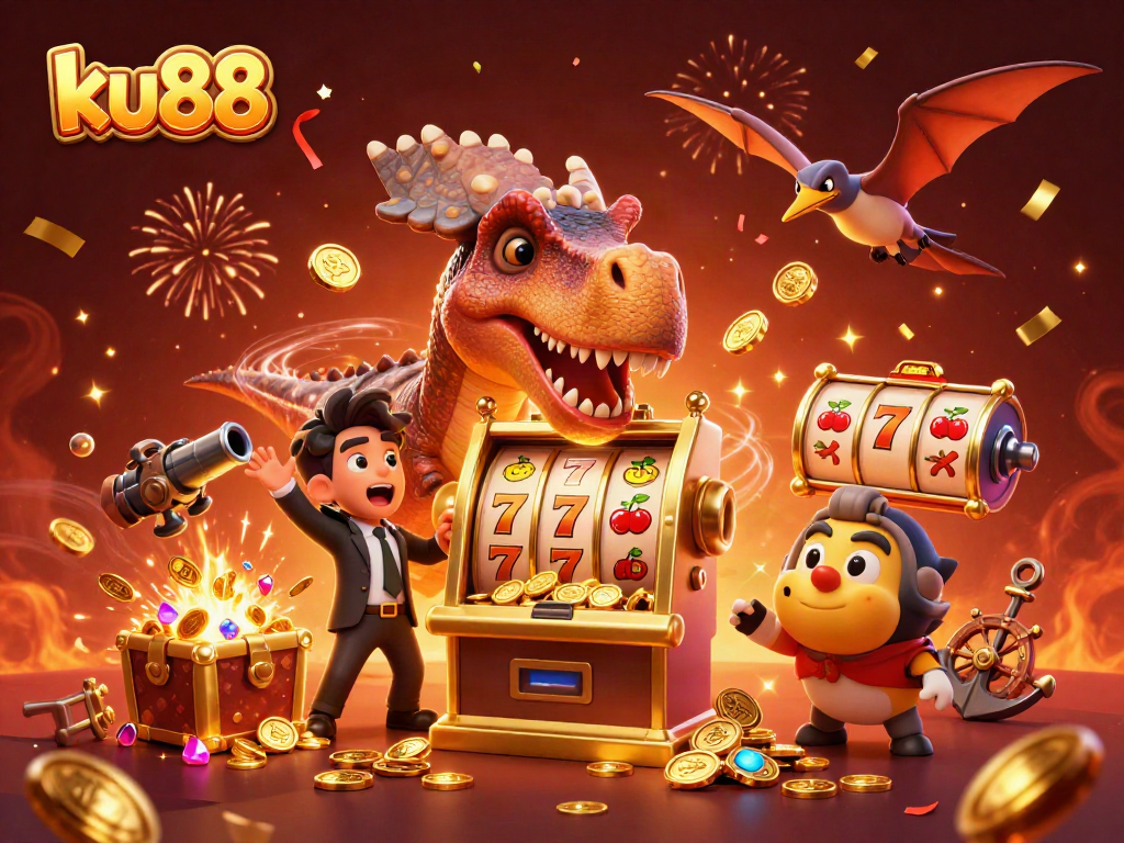 ku88 players celebrating a jackpot win with a pachycephalosaurus and colorful slot elements