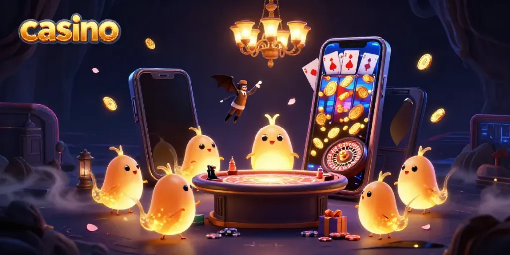 Glowworms illuminate a vibrant cave casino scene filled with games and excitement.