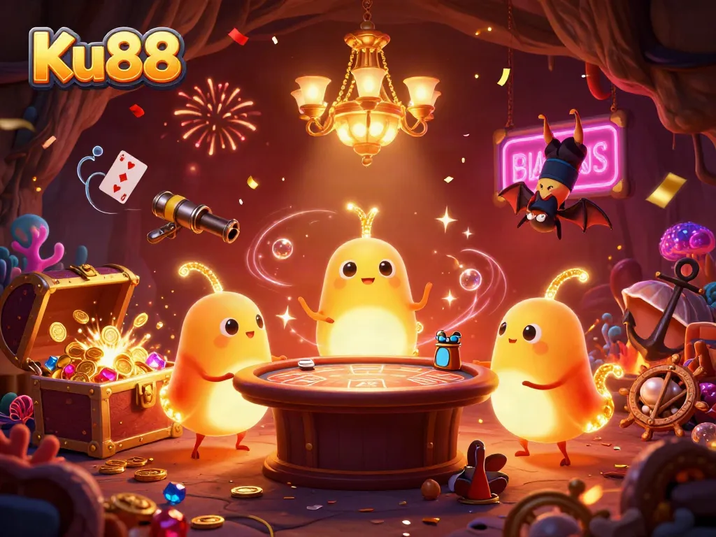 Ku88 illuminates the cave casino with vibrant glowworms, showcasing a thrilling gaming atmosphere.