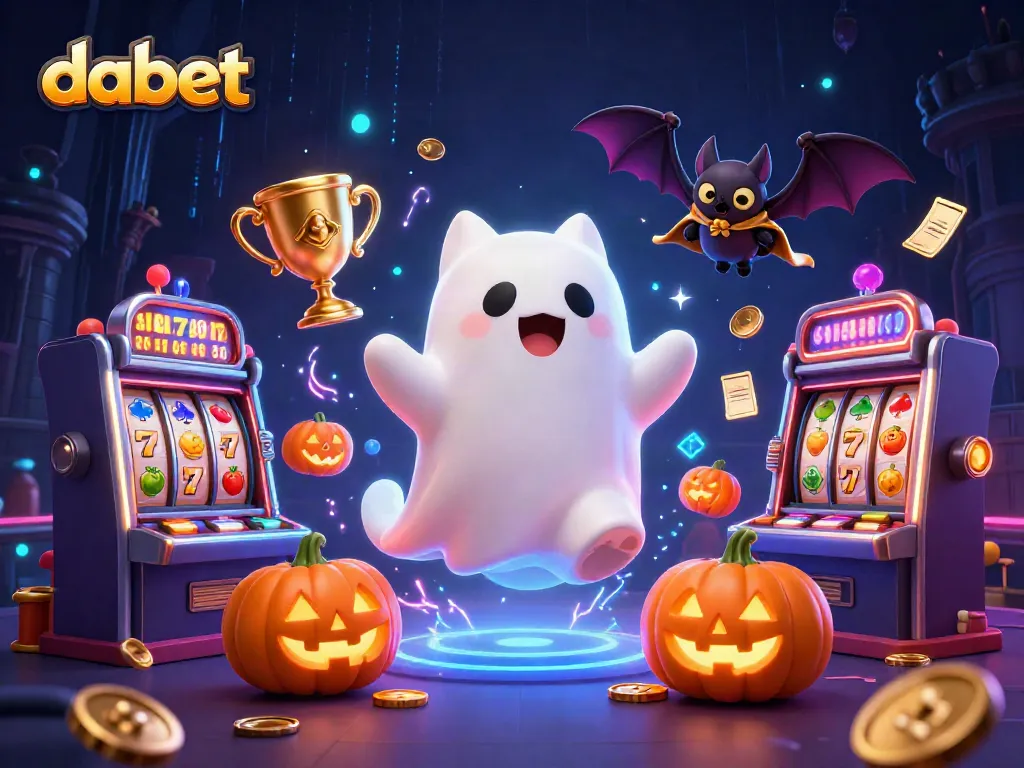 Dabet players engage in thrilling slots with ghost cat companions amidst a vibrant casino backdrop