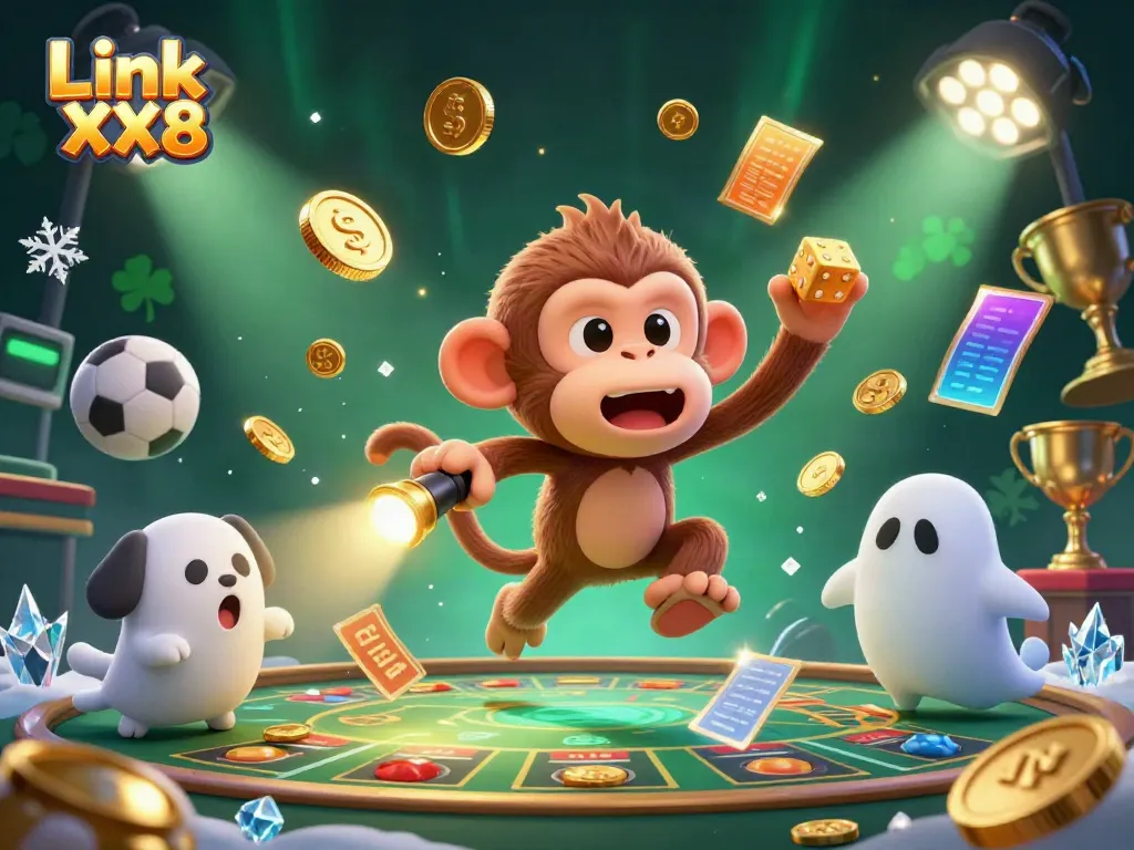 Experience lucky wins with Link XX8 in a bustling, vibrant casino scene featuring magical elements