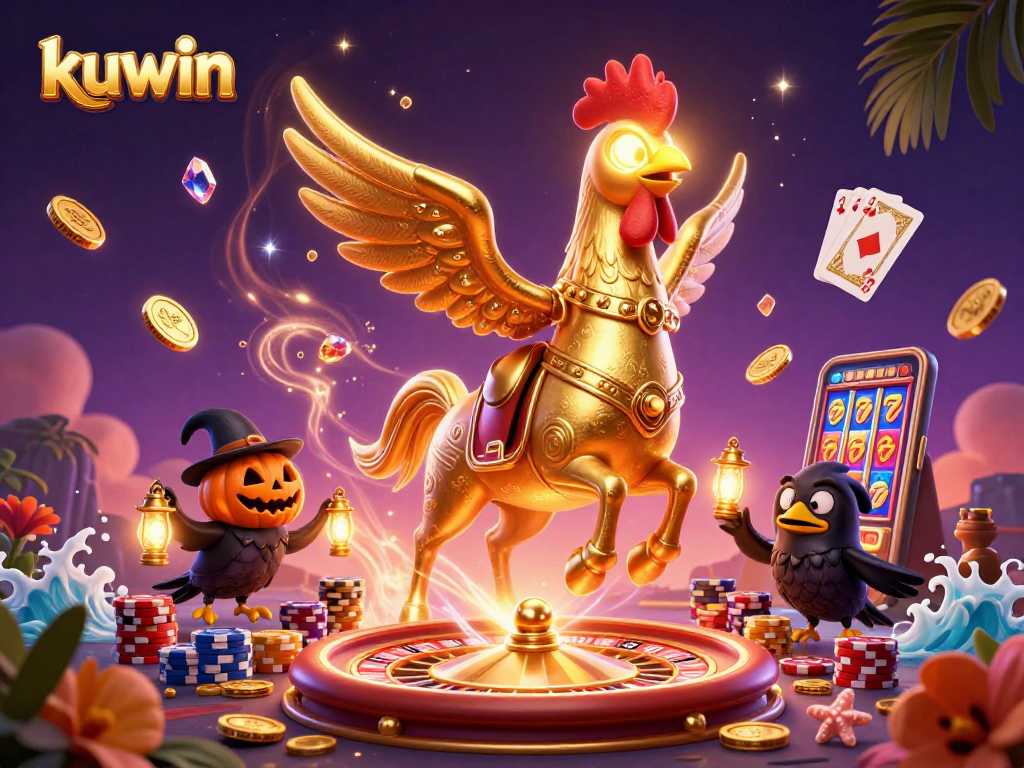 Kuwin-themed golden rooster gambling illustration with coins, cards, and casino elements
