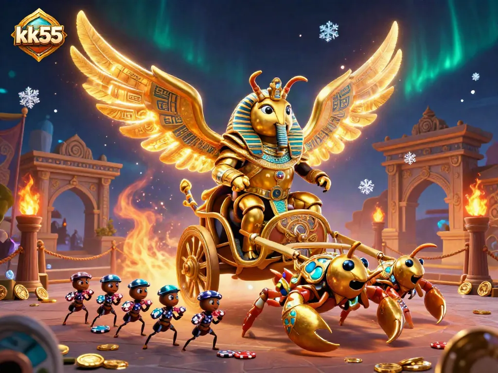 Experience thrilling gameplay with kk55's casino scene featuring golden scarabs and poker chips.