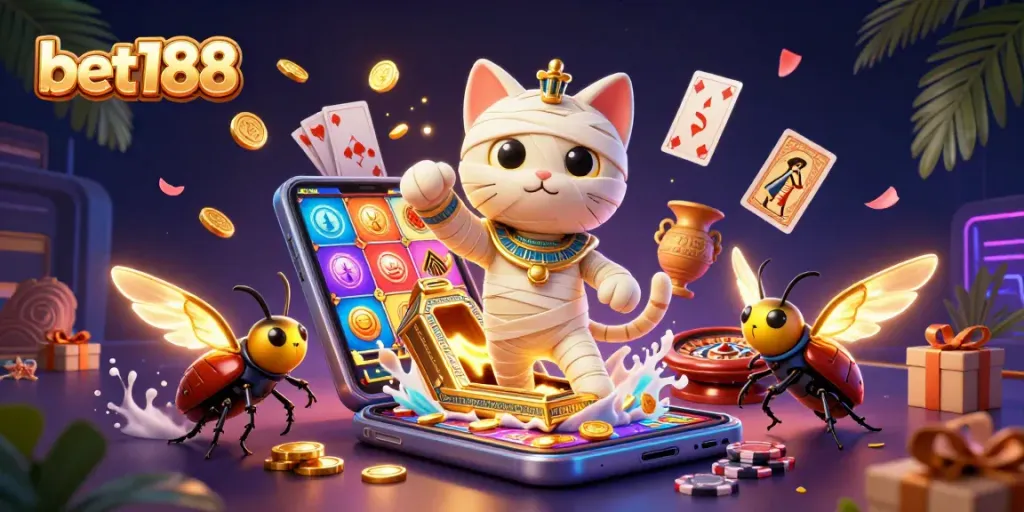 Engage in thrilling betting adventures with bet188 in this vibrant casino-themed illustration.