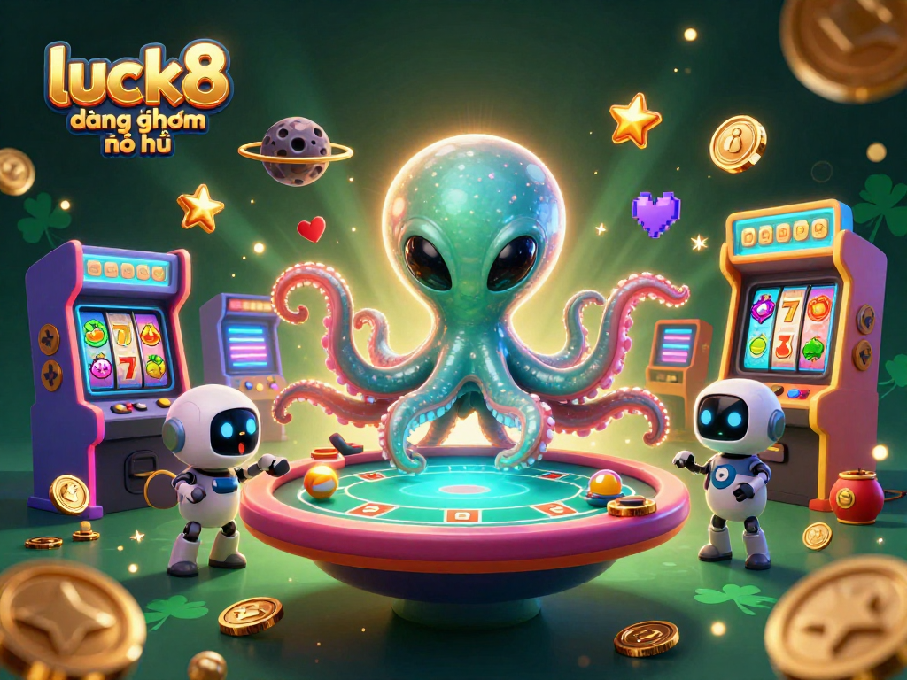 Engage with luck8 đăng nhập nổ hũ through a vibrant casino scene featuring an alien octopus at a poker table.