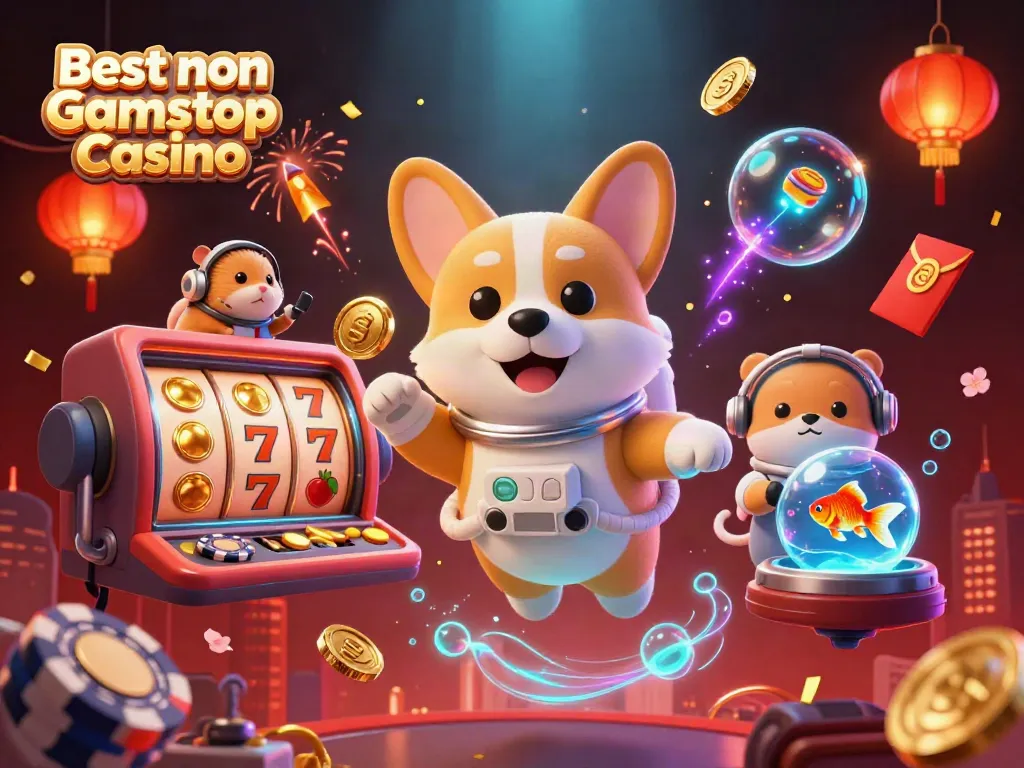 Experience the excitement of the Best non Gamstop Casino with floating gaming elements and unique characters.