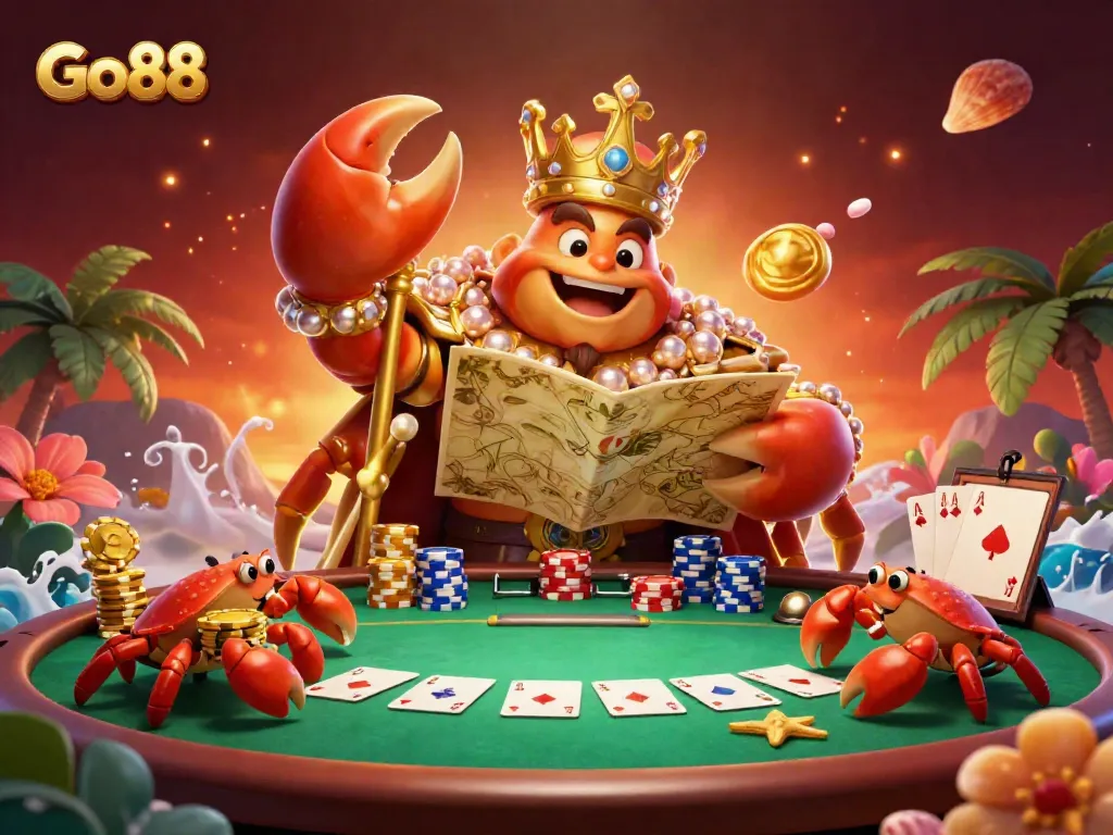 Engage in thrilling poker at Go88 with a vibrant scene featuring a golden crab emperor and dynamic poker elements.