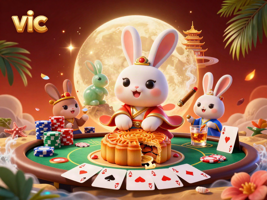 Win with vic as an animated moon rabbit reveals poker chips from mooncakes in a vibrant casino scene.
