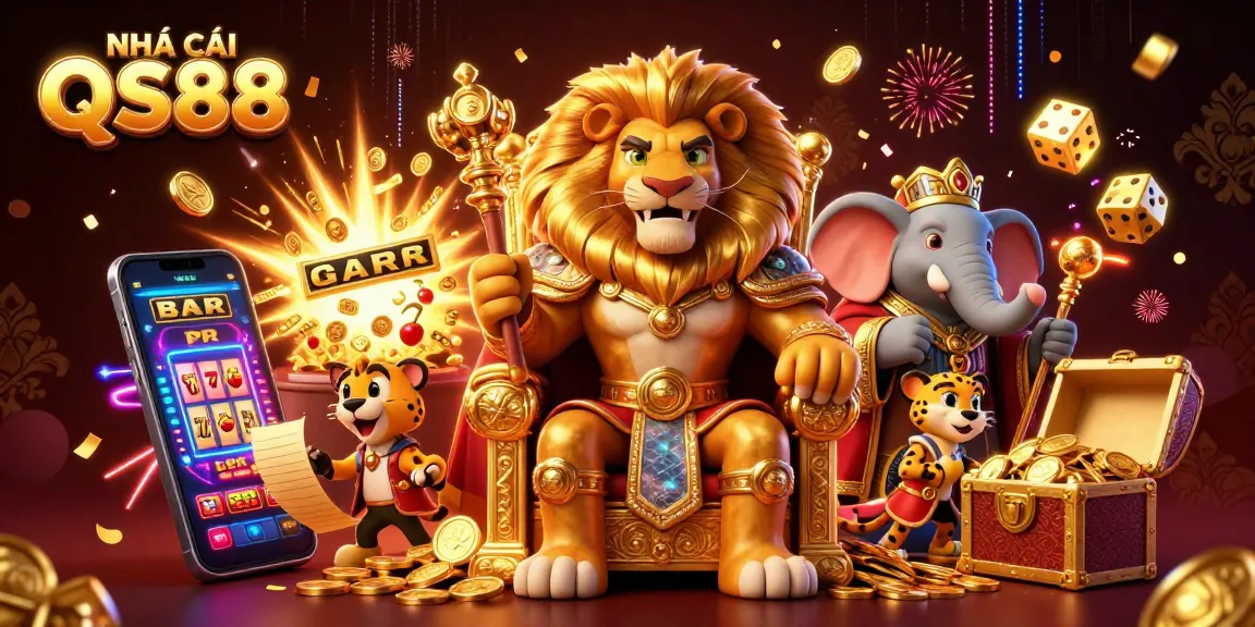 Join NHÀ CÁI QS88's thrilling casino adventure with lion king, elephant advisor, and cheetah messenger.
