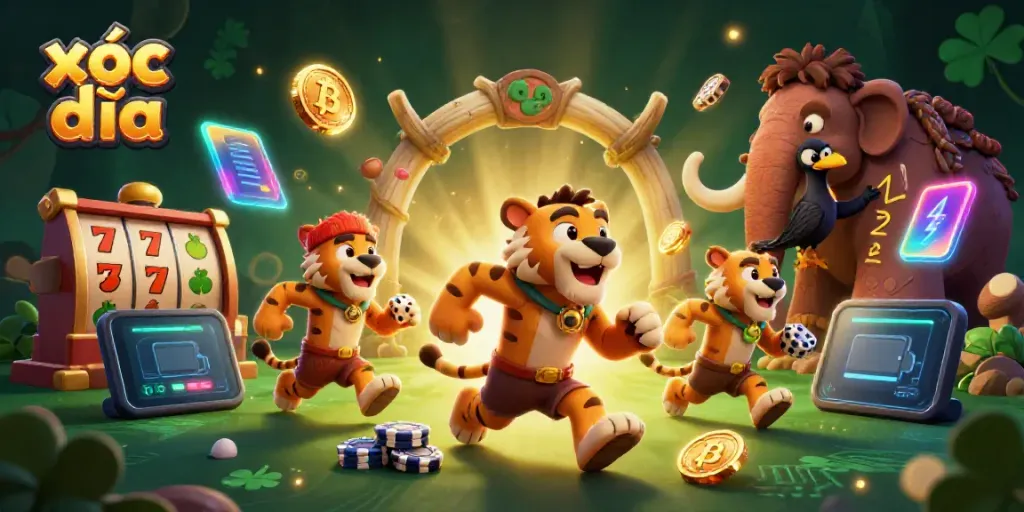Xóc đĩa casino scene featuring a caveman and sabertooth tiger duo with vibrant gambling elements.